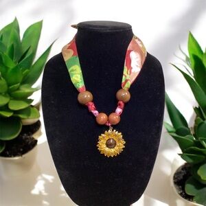 Handmade Brown and Gold Necklace with a Sunflower Pendant